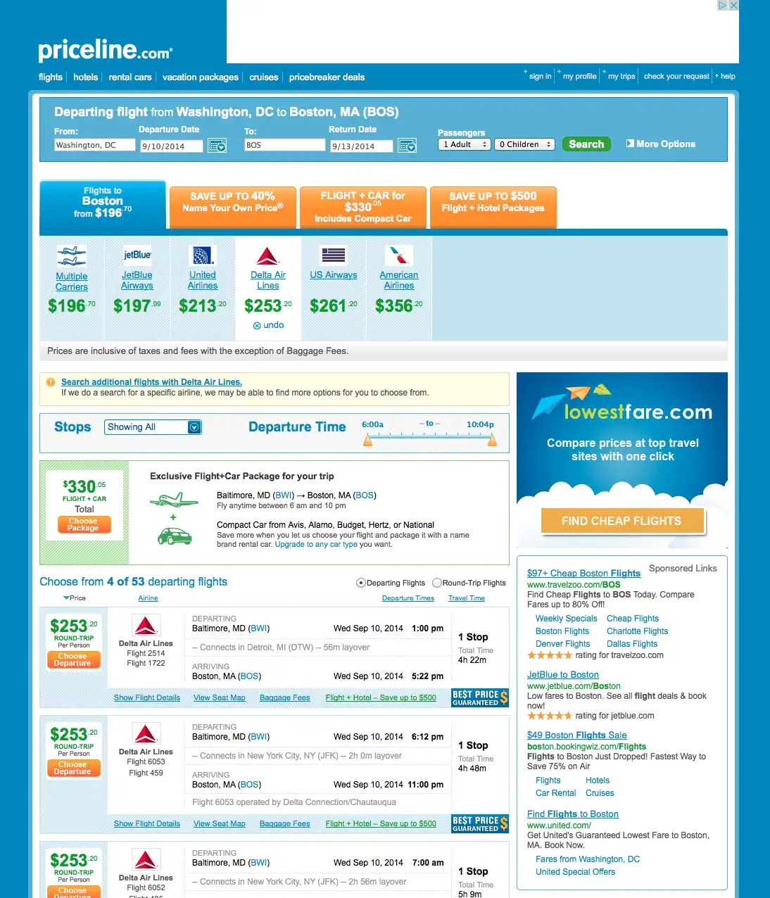 Priceline comparison interface